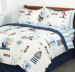 COOL KIDS ROOMS Blue Red Lighthouse Beach Nautical Twin Comforter Set (6pc Bed in a Bag)