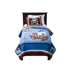 COOL KIDS ROOMS Pirate Ship & Crossbones Boys Twin Quilt Set (5 Piece Bedding)