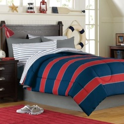 COOL KIDS ROOMS Blue & Red Rugby Stripe Boys Twin Comforter Set (6 Piece Bed In A Bag)
