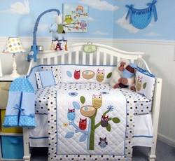 COOL KIDS ROOMS SoHo Blue Owl Tree Baby Crib Nursery Bedding Set 13 pcs