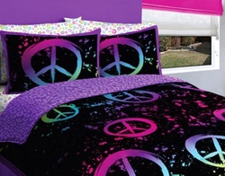 COOL KIDS ROOMS Girls Black Purple Pink Green Peace Sign Full Comforter Set 7 Pieces