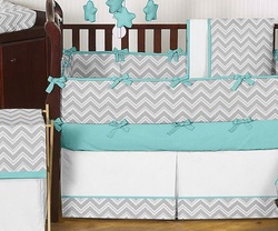 COOL KIDS ROOMS Gray and Turquoise Chevron Zig Zag Baby Bedding - 9 pc Crib Set