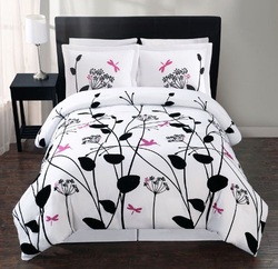 COOL KIDS ROOMS WHITE PINK AND BLACK FLORAL COMFORTAL SET - QUEEN 4 PCS