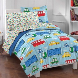 COOL KIDS ROOMS Traffic Trucks Cars Boys Blue and Red 5-Piece Twin Comforter Sheet Set