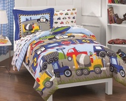 COOL KIDS ROOMS Trucks Tractors Cars Boys Blue and Red 5-Piece Twin Comforter Sheet Set 