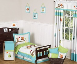 COOL KIDS ROOMS Turquoise and Lime Hooty Owl Toddler Bedding 5pc Set 