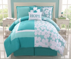 COOL KIDS ROOMS 5 Pc Aqua and White Reversible Floral Comforter Set, Bed in a Bag, Twin