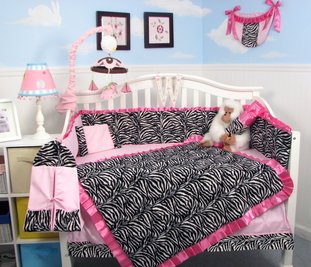 COOL KIDS ROOMS SoHo Pink with Black & White Zebra Chenille Crib Nursery Bedding 10 pcs Set