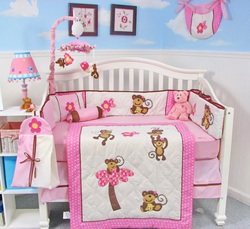 COOL KIDS ROOMS SoHo Pink Monkey Party Baby Crib Nursery Bedding Set 13 pcs