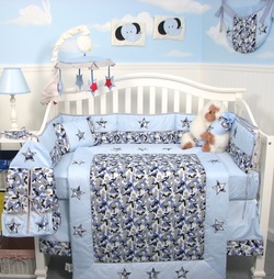 COOL KIDS ROOMS SoHo Modern Blue Camouflage Baby Crib Nursery Bedding Set 13 pcs