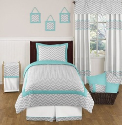 COOL KIDS ROOMS Turquoise and Gray Zig Zag Bedding Set - 4 pc Twin Set